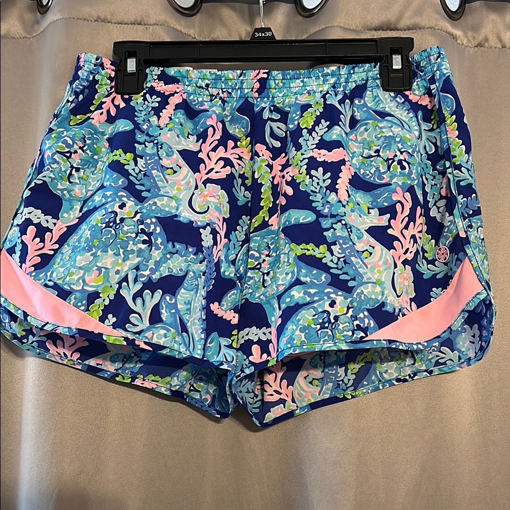 Lilly Pulitzer Blue and Pink Athletic Shorts Vibrant Tropical Print